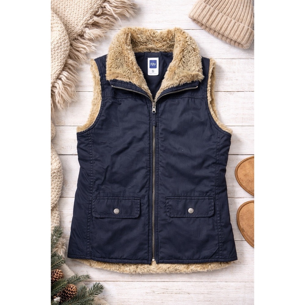Gap Reversible Vest Womens Small Black Tan Faux Fur Lined Excellent‎ Y2K 359742